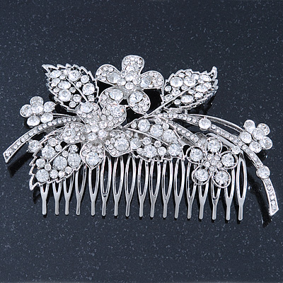 Statement Bridal/ Wedding/ Prom/ Party Rhodium Plated Clear Swarovski Sculptured Floral Crystal Side Hair Comb - 12cm Width - main view