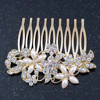 Bridal/ Wedding/ Prom/ Party Gold Plated Clear Crystal and Light Cream Simulated Pearl Floral Hair Comb - 50mm