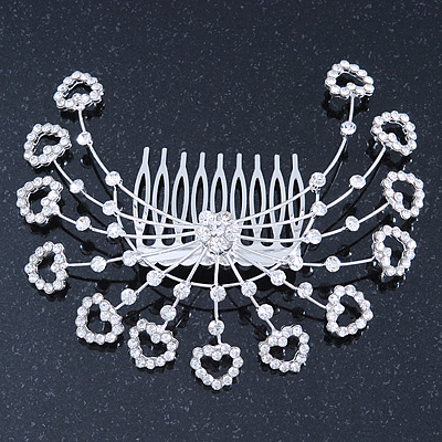 Statement Bridal/ Wedding/ Prom/ Party Rhodium Plated Clear Swarovski Sculptured Heart Crystal Hair Comb - 11.5cm Width