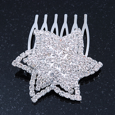 'Shining Star' Rhodium Plated Clear Swarovski Crystal Mini Hair Comb - 45mm