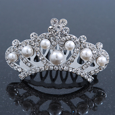 Princess Style Bridal/ Wedding/ Prom/ Party Rhodium Plated Swarovski Crystal and White Simulated Pearl Mini Hair Comb Tiara - 50mm - main view