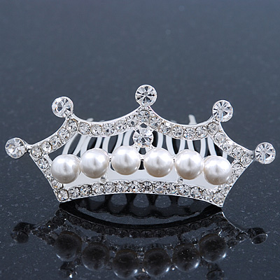 Fairy Princess Bridal/ Wedding/ Prom/ Party Rhodium Plated Austrian Crystal and White Simulated Pearl Mini Hair Comb Tiara - 60mm - main view