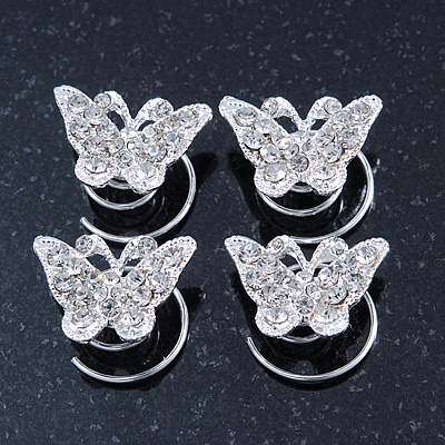 Bridal/ Wedding/ Prom/ Party Set Of 4 Rhodium Plated Crystal 'Butterfly' Spiral Twist Hair Pins