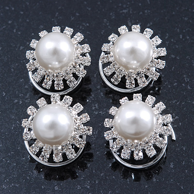 Bridal/ Wedding/ Prom/ Party Set Of 4 Rhodium Plated Crystal Glass Pearl Spiral Twist Hair Pins