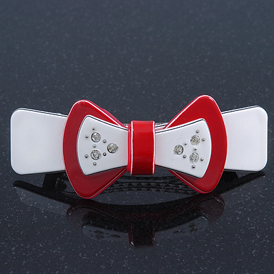 White/ Red Acrylic Crystal Bow Barrette Hair Clip Grip - 80mm Across