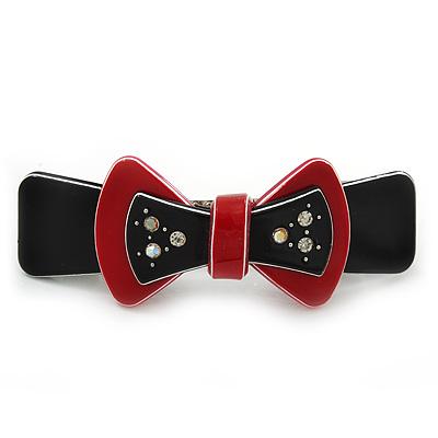 Black/ Red Acrylic Crystal Bow Barrette Hair Clip Grip - 80mm Across
