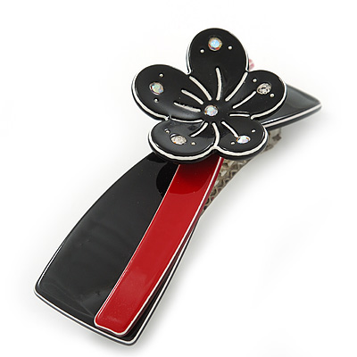 Black/ Red Acrylic Crystal Flower Barrette Hair Clip Grip - 85mm Across