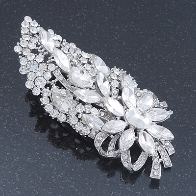 Bridal/ Wedding/ Prom/ Party Rhodium Plated Clear Swarovski Sculptured Leaf Crystal Hair Comb - 11.5cm