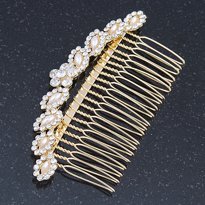 Bridal/ Wedding/ Prom/ Party Gold Plated Clear Crystal, Light Cream Faux Pearl Hair Comb - 95mm