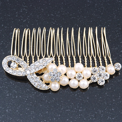 Bridal/ Wedding/ Prom/ Party Gold Plated Clear Austrian Crystal, Simulated Pearl Floral Hair Comb - 85mm