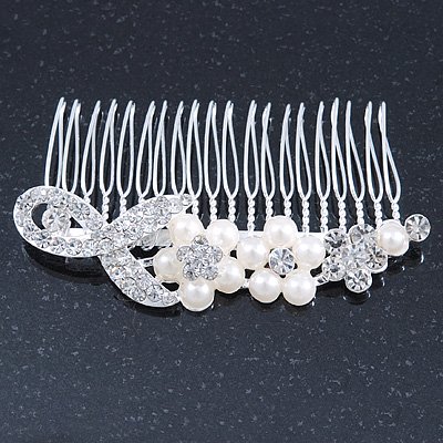 Bridal/ Wedding/ Prom/ Party Rhodium Plated Clear Austrian Crystal, Simulated Pearl Floral Hair Comb - 85mm - main view