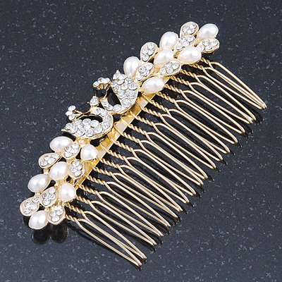 Bridal/ Wedding/ Prom/ Party Gold Plated Clear Crystal, Simulated Pearl 'Double Peacock' Hair Comb - 95mm