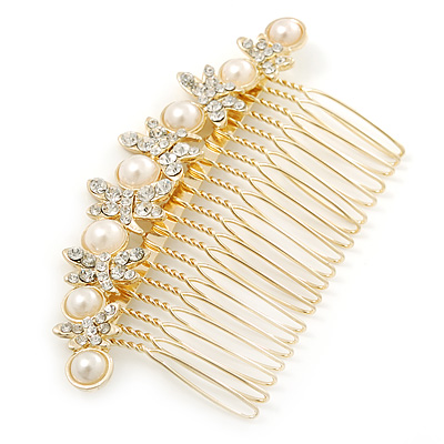 Bridal/ Wedding/ Prom/ Party Gold Plated Clear Crystal, Simulated Pearl Butterfly Hair Comb - 95mm - main view
