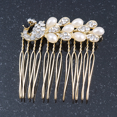 Bridal/ Wedding/ Prom/ Party Gold Plated Clear Crystal, Simulated Pearl 'Peacock' Hair Comb - 50mm - main view