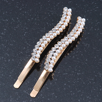 2 Bridal/ Prom Crystal, Simulated Pearl Wavy Hair Grips/ Slides In Gold Plating - 60mm Across - main view
