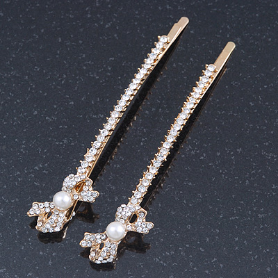 2 Bridal/ Prom Long Crystal, Simulated Pearl 'Bow' Hair Grips/ Slides In Gold Plating - 85mm Across