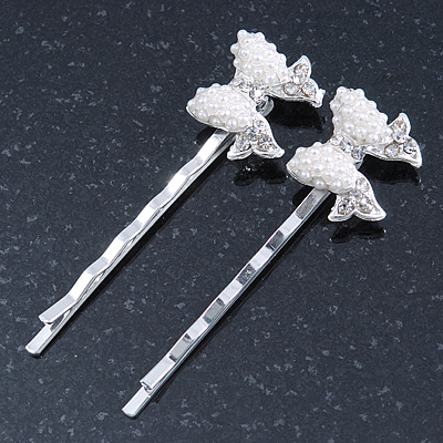2 Bridal/ Prom Simulated Pearl, Crystal 'Bow' Hair Grips/ Slides In Rhodium Plating - 55mm Across