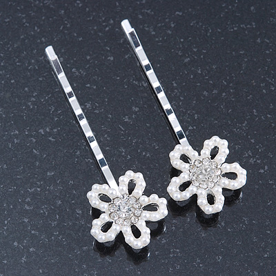 2 Bridal/ Prom Crystal, Simulated Pearl 'Open Daisy' Hair Grips/ Slides In Rhodium Plating - 60mm Across