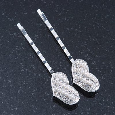 2 Bridal/ Prom Crystal, Simulated Pearl 'Heart' Hair Grips/ Slides In Rhodium Plating - 55mm Across - main view