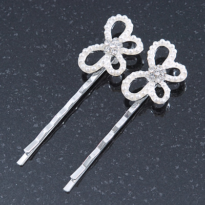 2 Bridal/ Prom Crystal, Simulated Pearl 'Open Butterfly' Hair Grips/ Slides In Rhodium Plating - 60mm Across