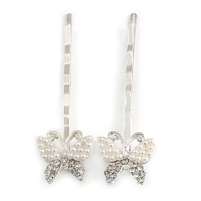 2 Bridal/ Prom Crystal, Simulated Pearl 'Butterfly' Hair Grips/ Slides In Rhodium Plating - 50mm Across