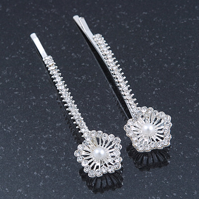 2 Bridal/ Prom Crystal, Simulated Pearl 'Filigree Flower' Hair Grips/ Slides In Rhodium Plating - 55mm Across