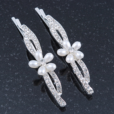 2 Bridal/ Prom 'Crystal Leaves And Simulated Pearl Flower' Hair Grips/ Slides In Rhodium Plating - 60mm Across