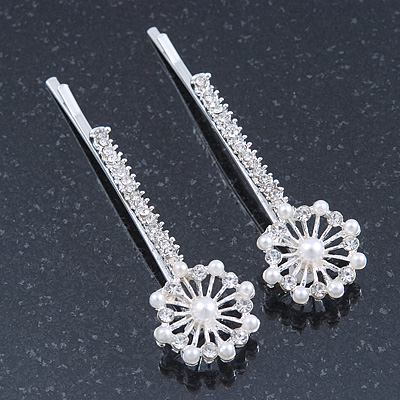 2 Bridal/ Prom Crystal, Simulated Pearl Filigree Flower Hair Grips/ Slides In Rhodium Plating - 55mm Across