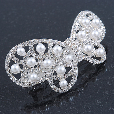 Bridal Wedding Prom Silver Tone Simulated Pearl Diamante 'Asymmetrical Butterfly' Barrette Hair Clip Grip - 65mm Across