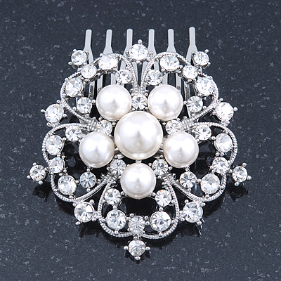 Bridal/ Wedding/ Prom/ Party Rhodium Plated Austrian Clear Crystal, Simulated Glass Pearl 'Open Flower' Hair Comb - 55mm