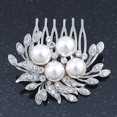 Bridal/ Wedding/ Prom/ Party Rhodium Plated Clear Crystal, Simulated Pearl Cluster Hair Comb - 60mm