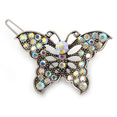 Vintage Inspired AB Crystal 'Butterfly' Hair Slide In Antique Silver Metal - 45mm Across - main view