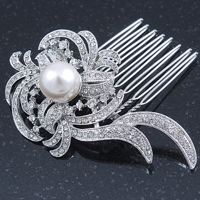 Bridal/ Wedding/ Prom/ Party Rhodium Plated Clear Swarovski Crystal, Glass Pearl Asymmetrical Leaf Hair Comb - 75mm