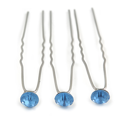 3pcs Bridal/ Wedding/ Prom/ Party Light Blue Crystal Hair Pins In Silver Tone - 70mm L - main view