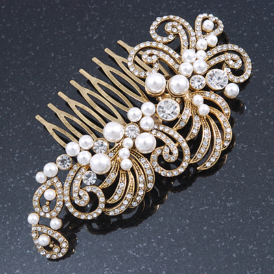 Vintage Inspired Bridal/ Wedding/ Prom/ Party Gold Tone Clear Crystal, Simulated Pearl 'Feather' Side Hair Comb - 100mm - main view