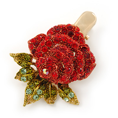 Red/ Green Austrian Crystal Rose Hair Beak Clip/ Concord Clip In Gold Plating - 45mm L - main view