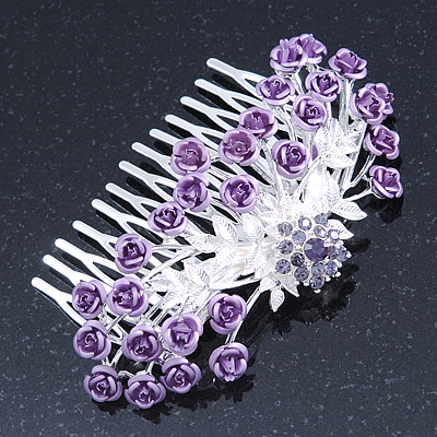 Purple Crystal 'Rose' Side Hair Comb In Silver Tone - 95mm W