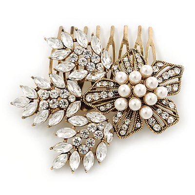 Vintage Inspired Bridal/ Wedding/ Prom/ Party Gold Tone CZ, Faux Peal Floral Hair Comb - 65mm - main view