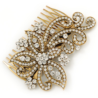 Vintage Inspired Bridal/ Wedding/ Prom/ Party Gold Tone Clear Crystal 'Butterfly' Side Hair Comb - 100mm - main view