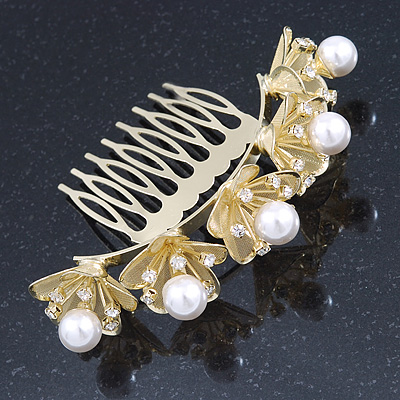 Bridal/ Wedding/ Prom/ Party Gold Plated Clear Austrian Crystal, Glass Pearl Lily Hair Comb - 100mm