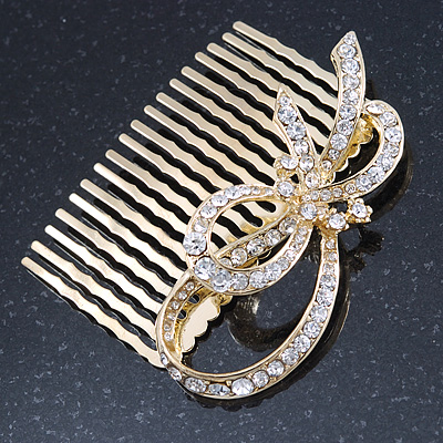 Bridal/ Wedding/ Prom/ Party Gold Plated Clear Austrian Crystal Bow Side Hair Comb - 65mm
