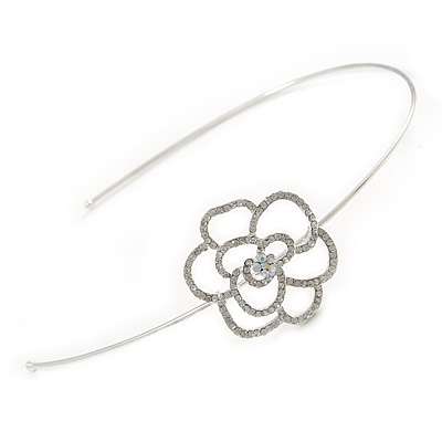 Bridal/ Wedding/ Prom Rhodium Plated Open Rose, Crystal Flower Tiara Headband - main view