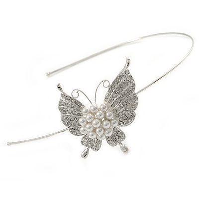 Bridal/ Wedding/ Prom Rhodium Plated White Faux Pearl, Crystal Butterfly Tiara Headband