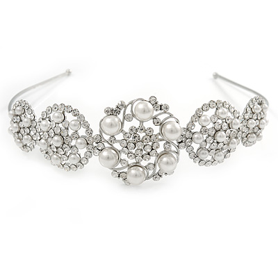 Bridal/ Wedding/ Prom Rhodium Plated Clear Austrian Crystal, White Simulated Pearl 5 Circle Starlet Tiara/ Headband