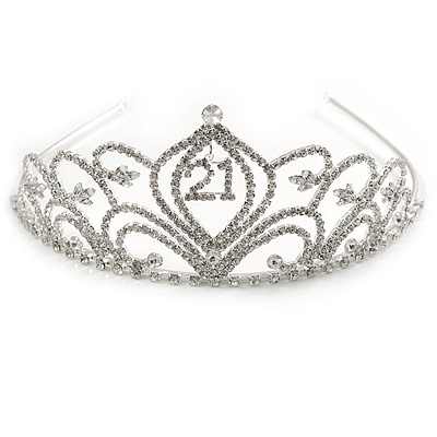 Bridal/ Wedding/ Prom Rhodium Plated Clear Crystal '21' Princess Classic Tiara