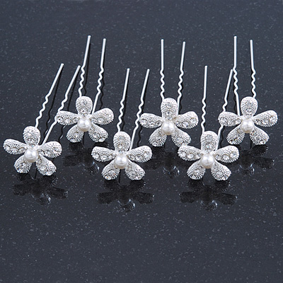 Bridal/ Wedding/ Prom/ Party Set Of 6 Rhodium Plated Crystal Daisy Flower Hair Pins