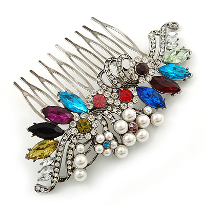 Bridal/ Wedding/ Prom/ Party Rhodium Plated Multicoloured Austrian Crystal, Faux Pearl Floral Hair Comb - 10cm W