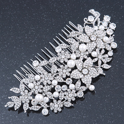 Statement Bridal/ Wedding/ Prom/ Party Rhodium Plated Clear Austrian Crystal, Glass Pearl Floral Side Hair Comb - 12cm Width