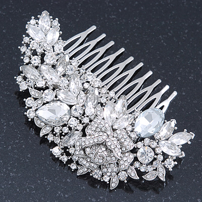 Bridal/ Wedding/ Prom/ Party Rhodium Plated Clear Crystal Rose Flower Hair Comb - 85mm