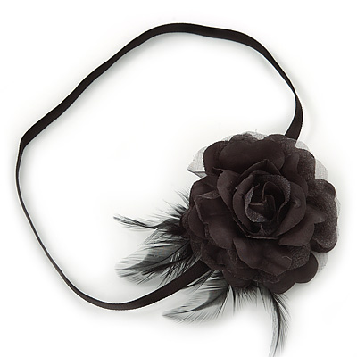 Black Silk Rose Flower with Feather Elastic Headband/ Headwrap - main view